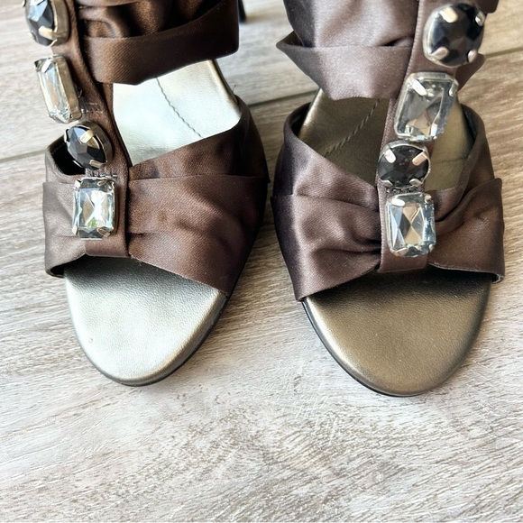 BCBGMAXAZRIA Brown Satin Jeweled Upper Strappy Sandals - Picture 4 of 14